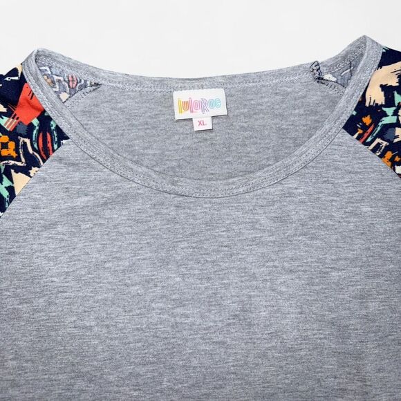 LulaRoe “Gigi” Grey and Navy Colorblock Geometric Sleeve T-shirt - Picture 2 of 7